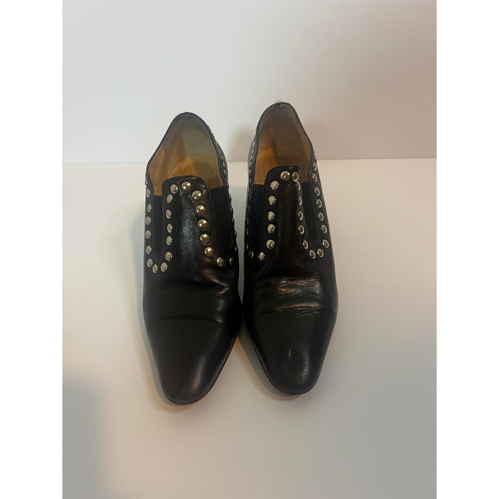 Nordstrom Black Leather Studded Ankle Booties Made in Italy Pointed Toe Heels 38